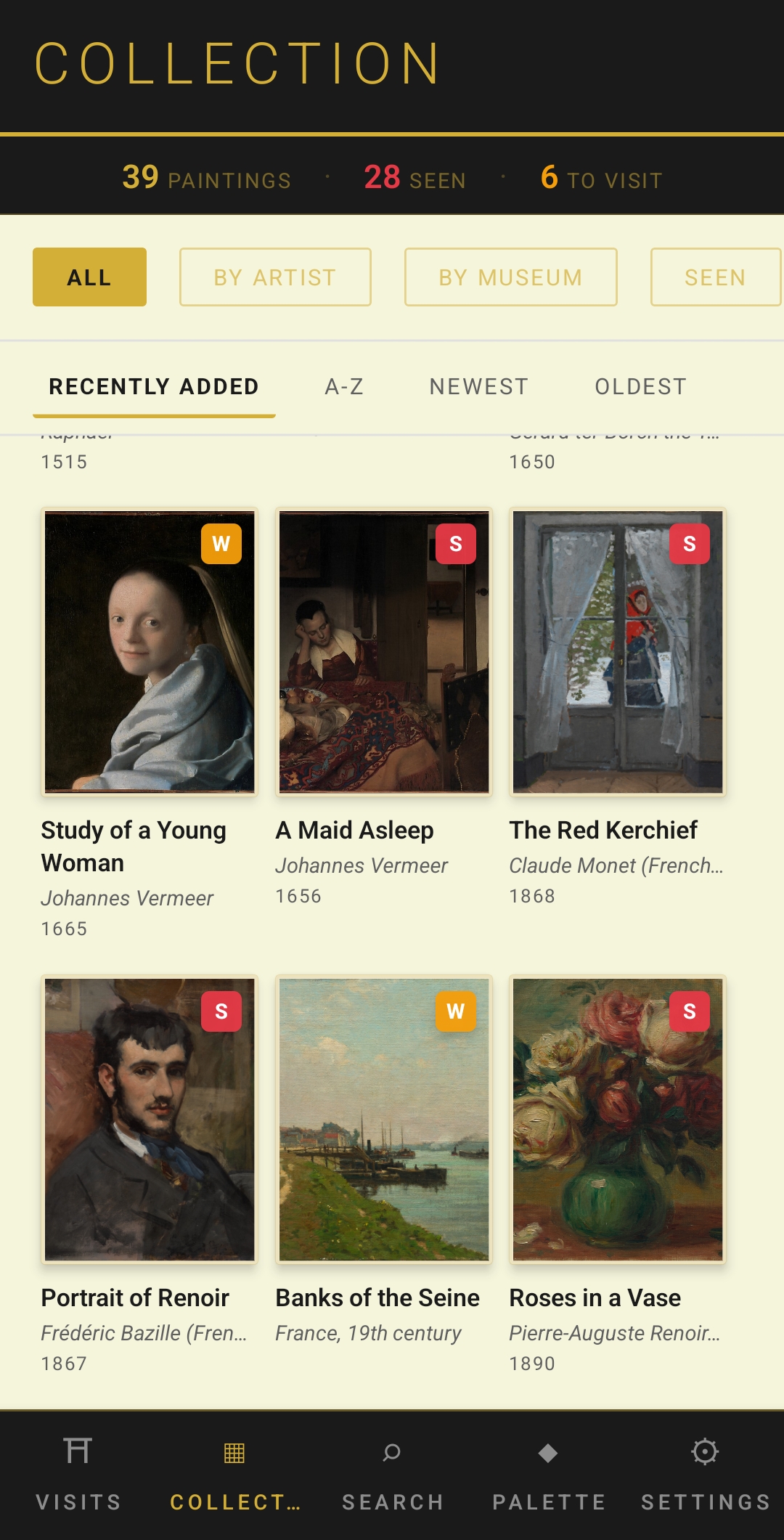 Palette app collection screen showing 39 tracked paintings
