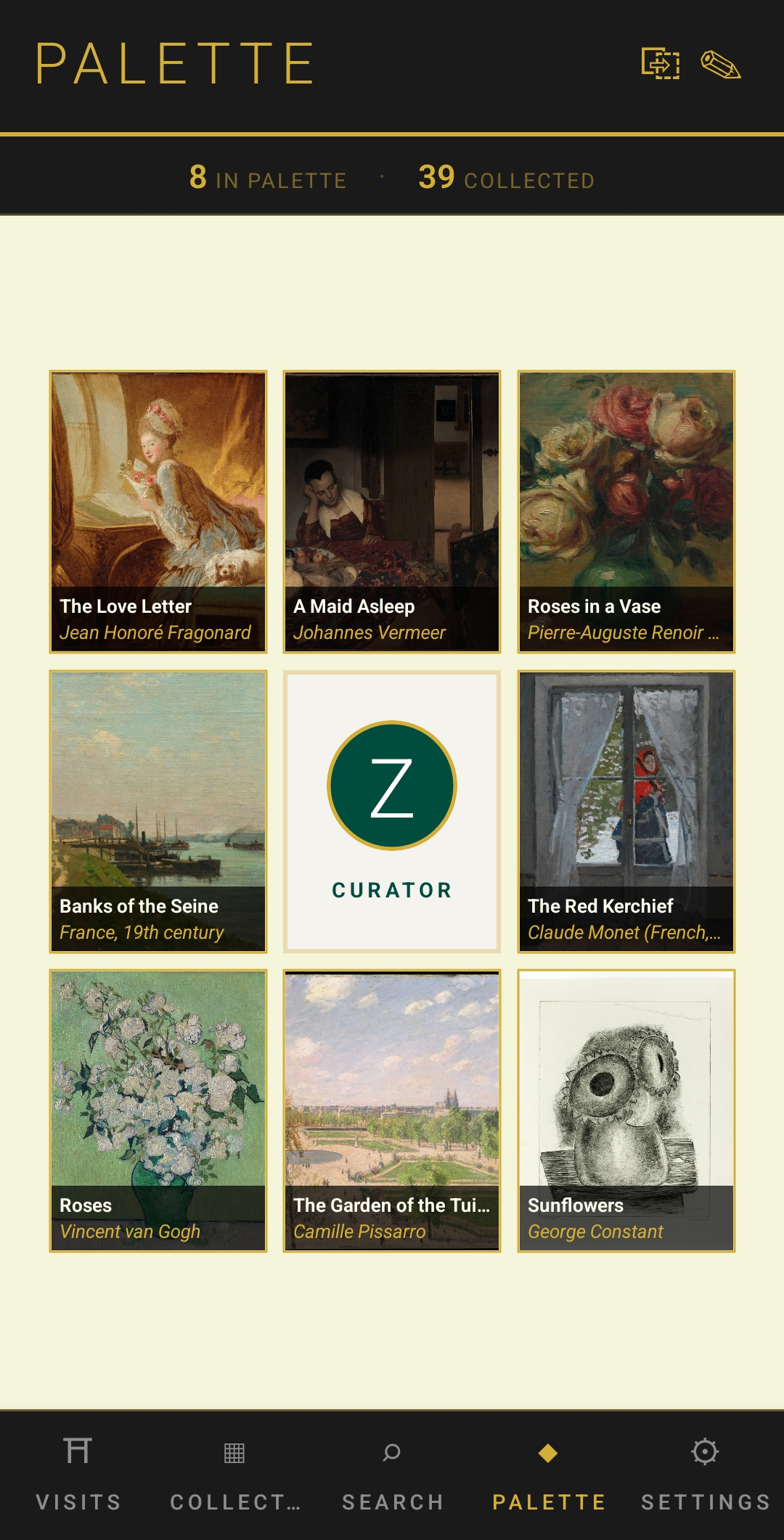 Palette app showing a curated 3x3 grid of favorite paintings