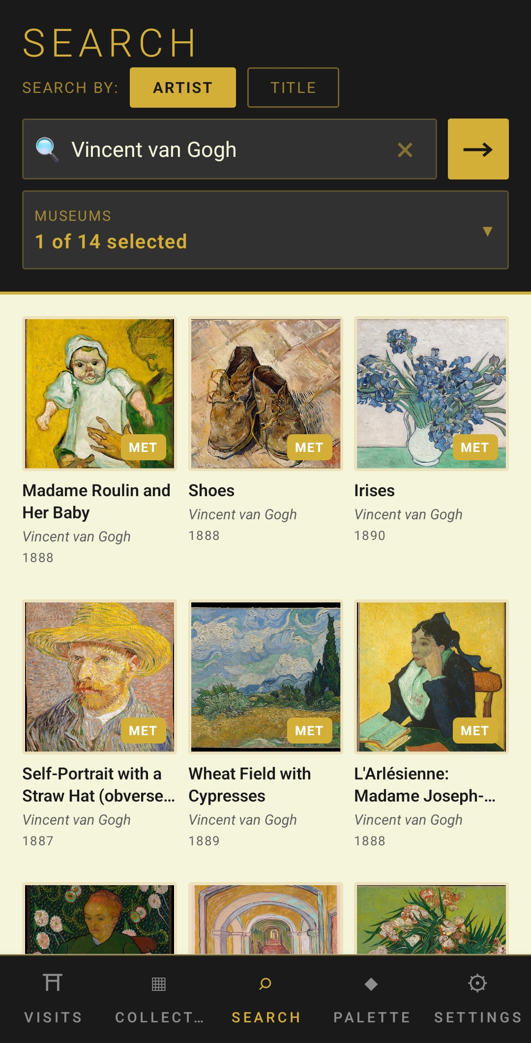 Palette app search screen showing Van Gogh paintings from the Met Museum